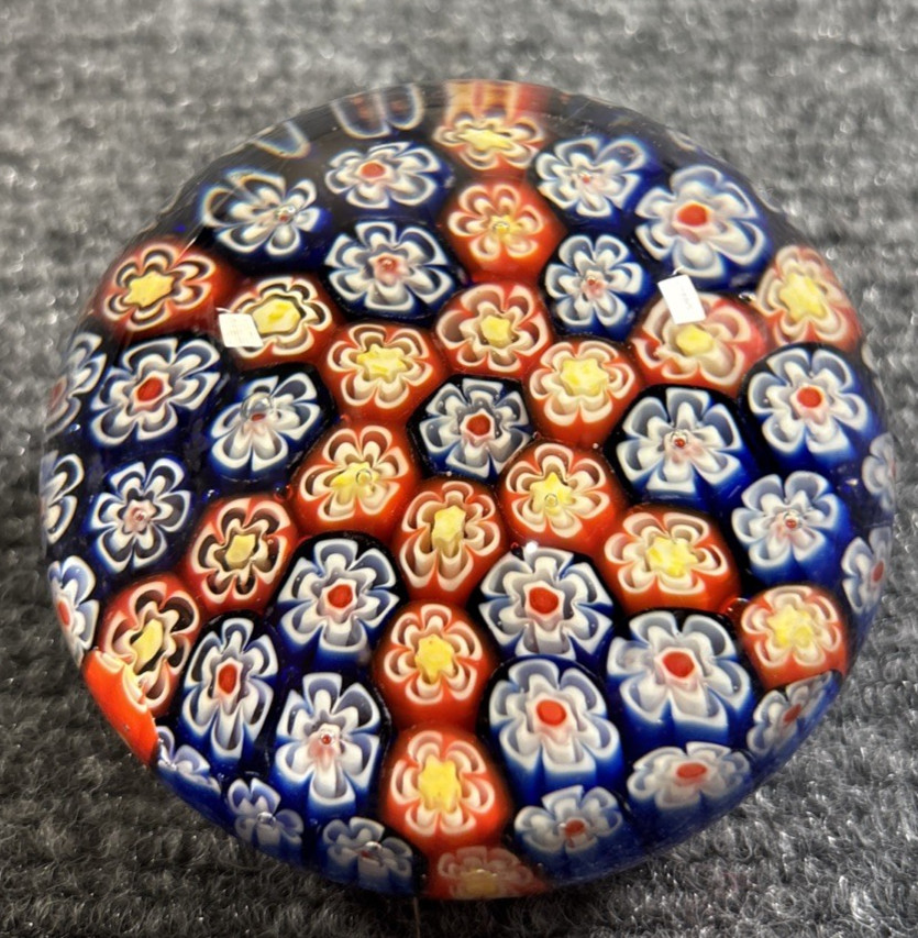 Vintage Silvestri Paperweight Millefiori Art Glass 3″ Blue Orange Flower Wheel