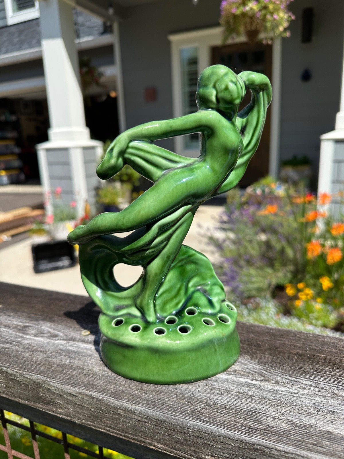 Vintage Glazed Pottery Figural “Flower Frog” Floral Arranger Art Deco Style