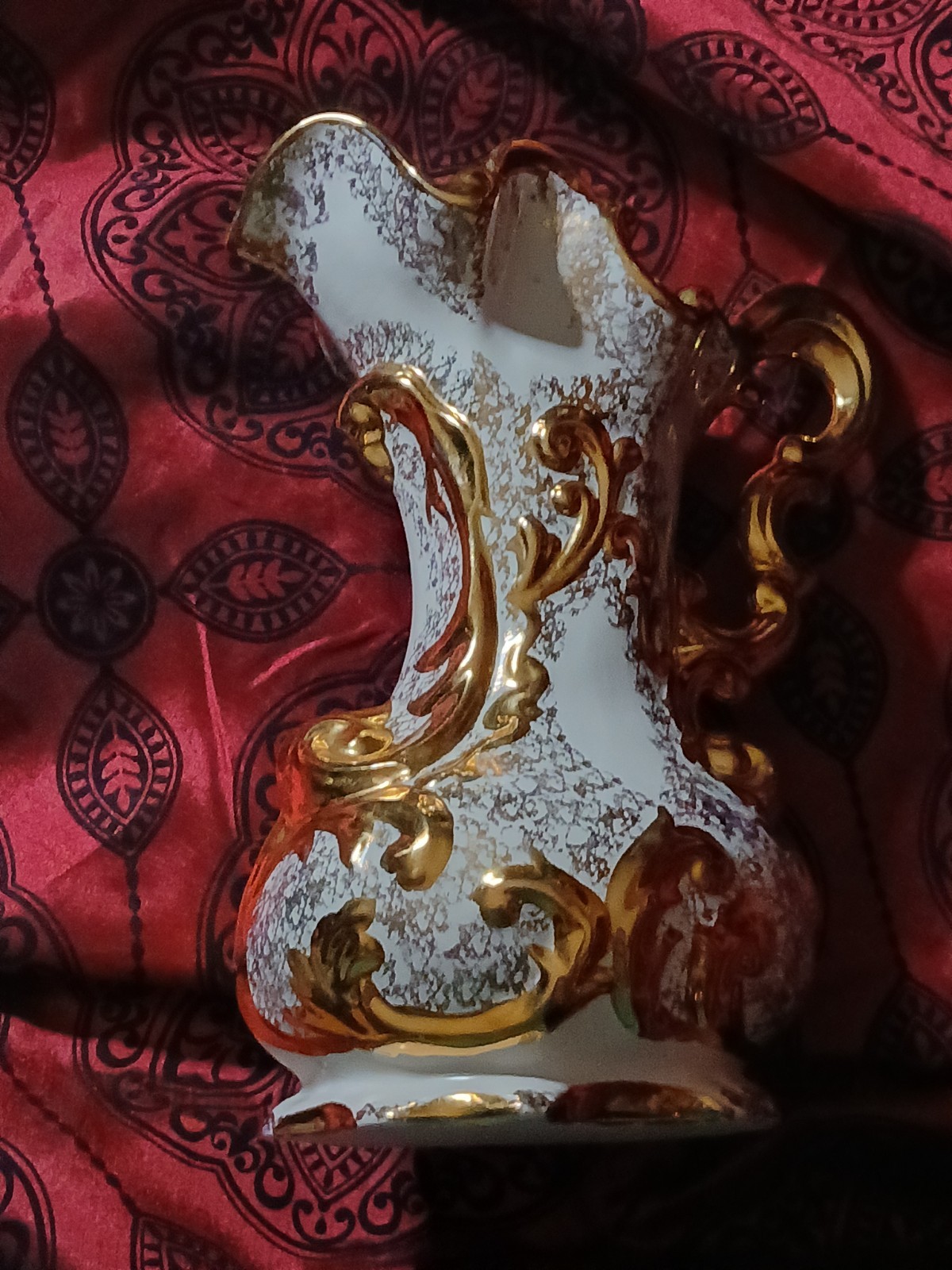Rare Antique Ornate White Ceramic Gold Gilded Pitcher Vase 10.5 in
