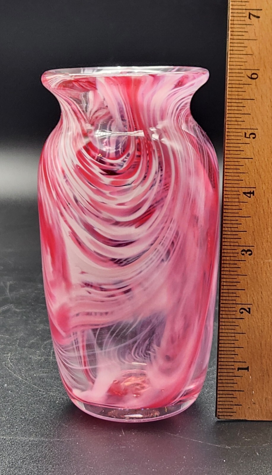 Art Glass Vase Pink White Abstract Swirl Cased Clear Polished Pontil 6″T Heavy