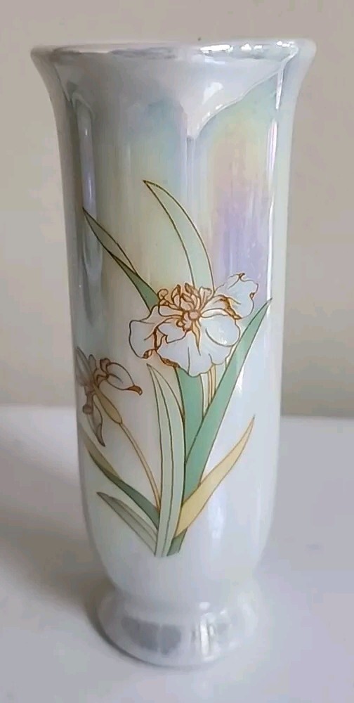 VTG Floral Image Iridescent Iris Art Finish Bud Flower Vase 5″ Tall