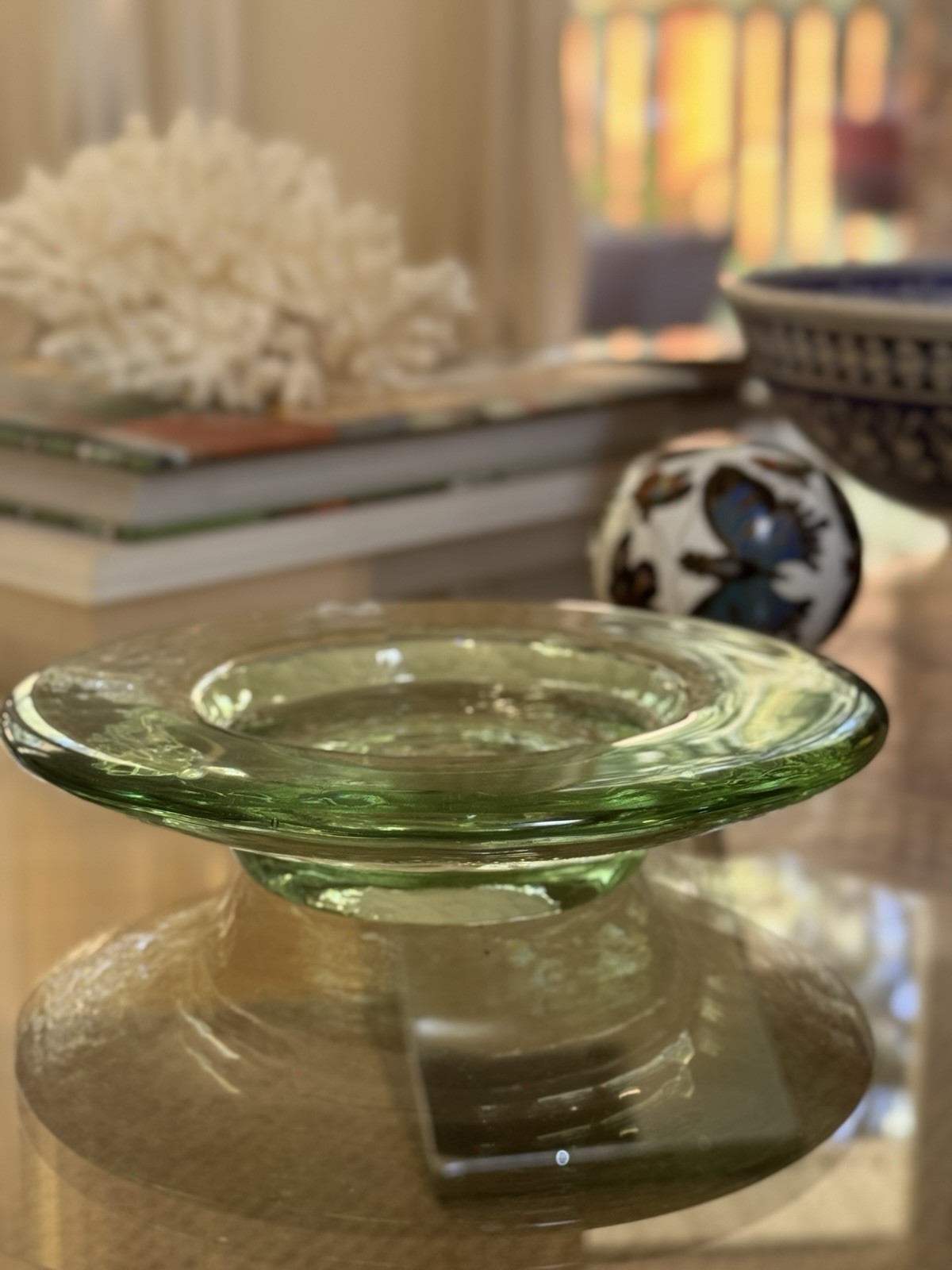 Fire & Light Artful Recycled Glass Lime Green Footed Base Decorative Dish