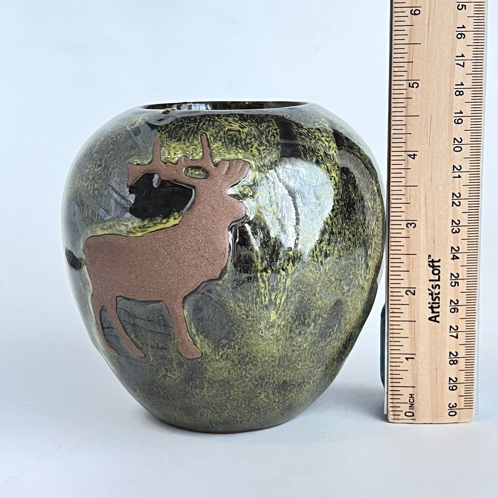 Art Pottery Clay Vase With Two Elk 5 Inch Tall Cottagecore Vietnam Cabin Decor