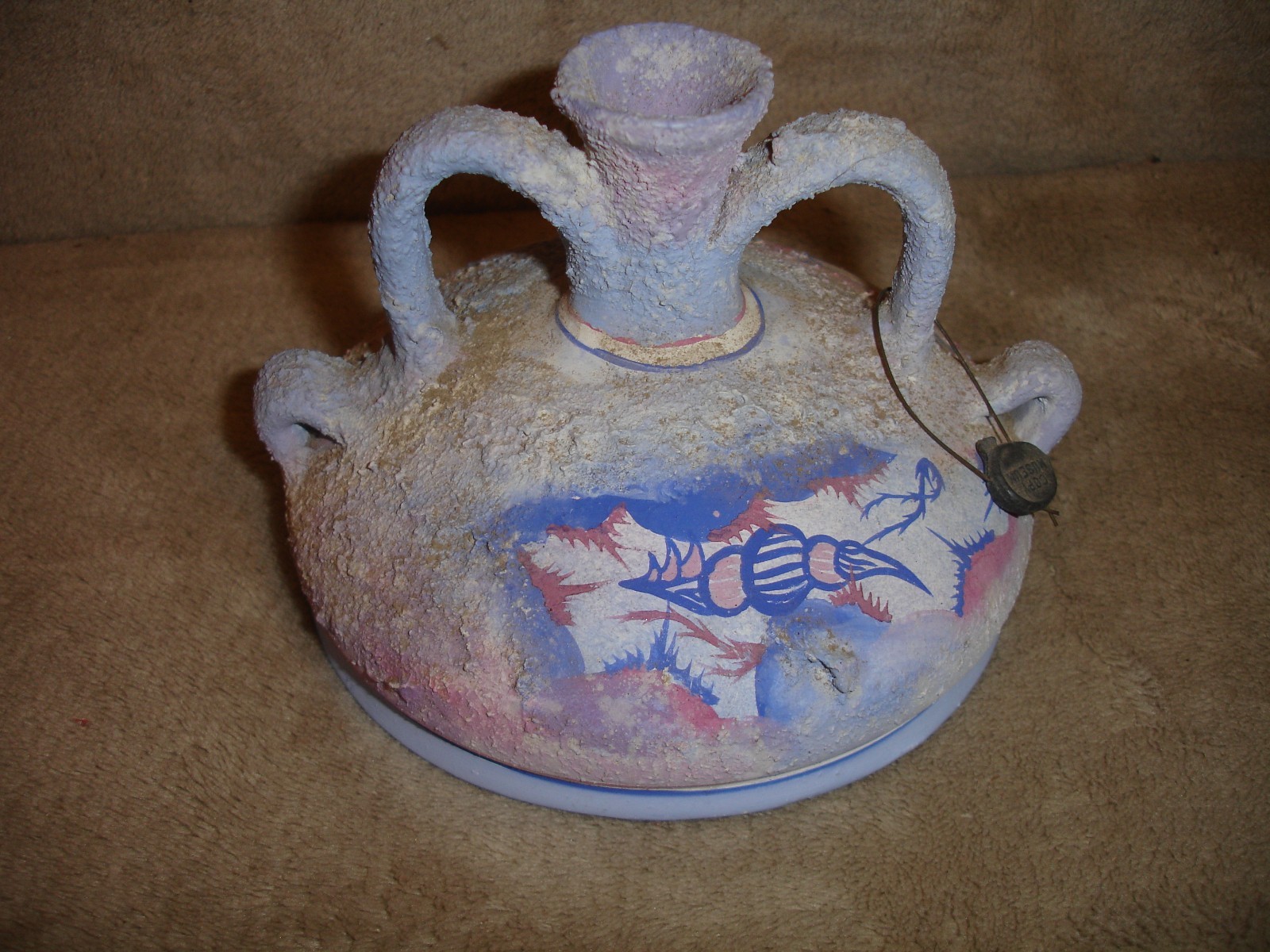Vintage Minoan Hand Painted Greek Vase Flask Museum Copy with Dolphins 4″ Tall