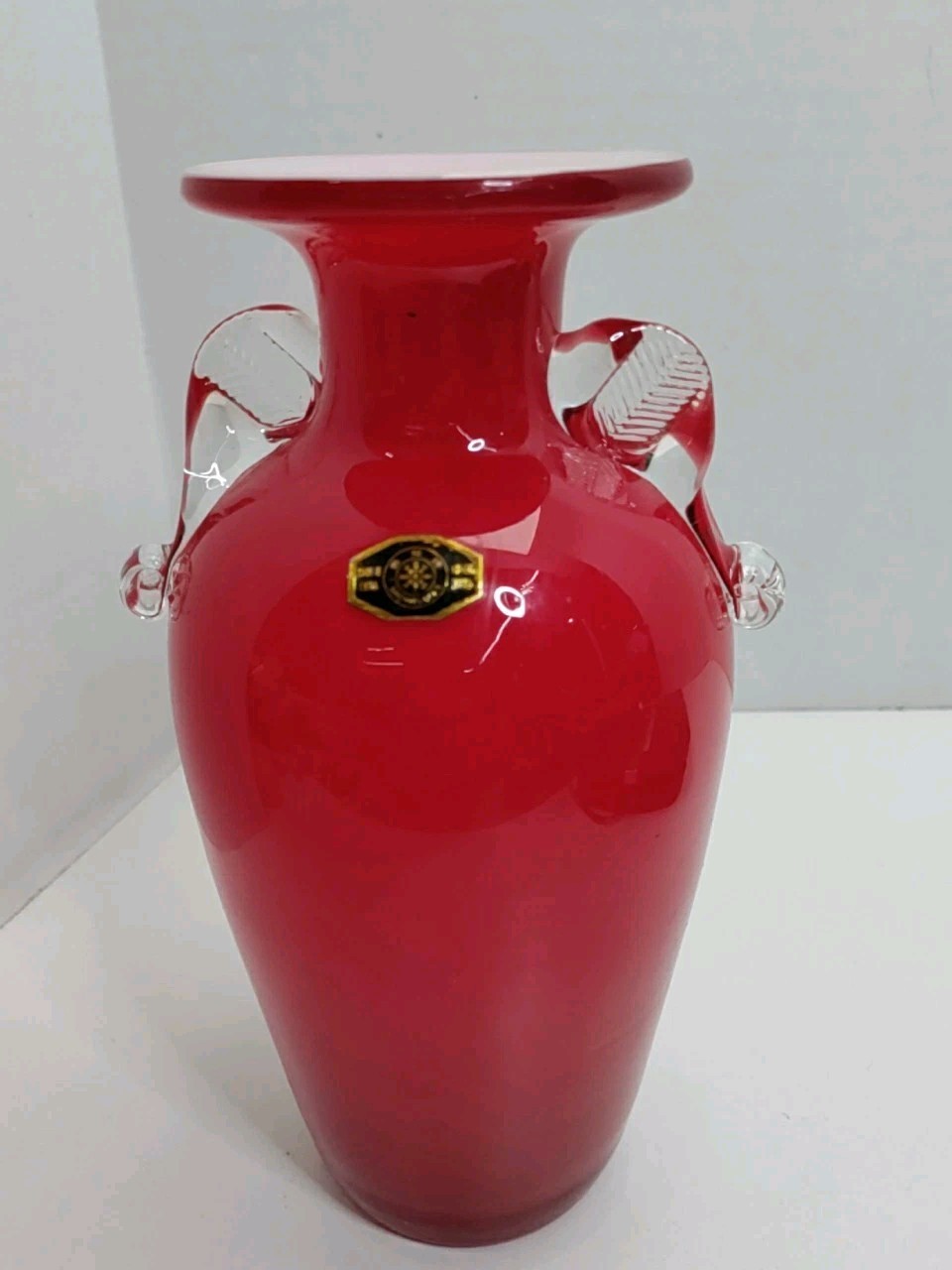 Red Glass Snoflake Vase w/ Clear Handles, White Inside, 8″ Tall Chinese Red