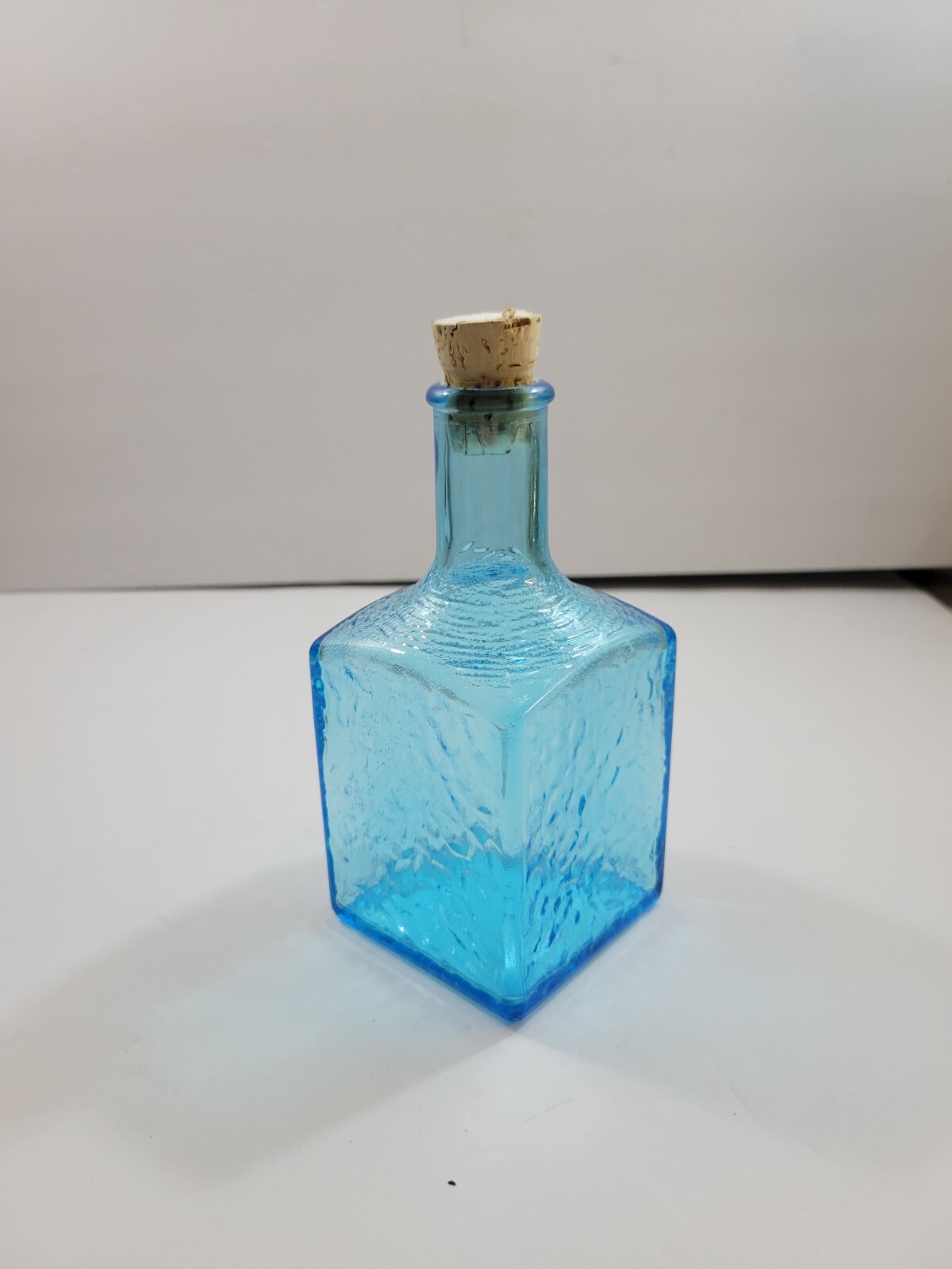 Decorative Turquoise Blue Textured Glass Square Bottle w/Cork Stopper 6″