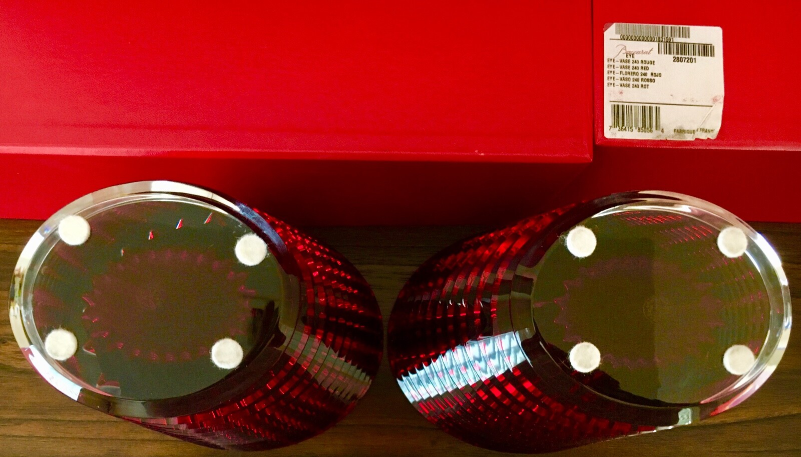 BACCARAT FRANCE ‘PAIR OVAL EYE VASES’ 9.25″T in CUT RED CRYSTAL W/ORIGINAL BOXES