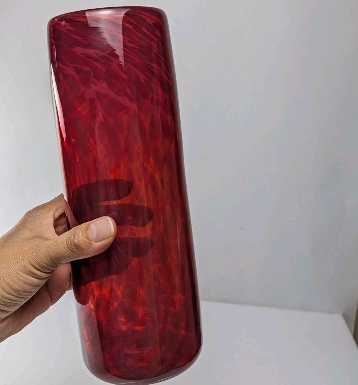 Cylinder Garnet red hand blown glass vase 9.5″ Signed Catherine Benoit