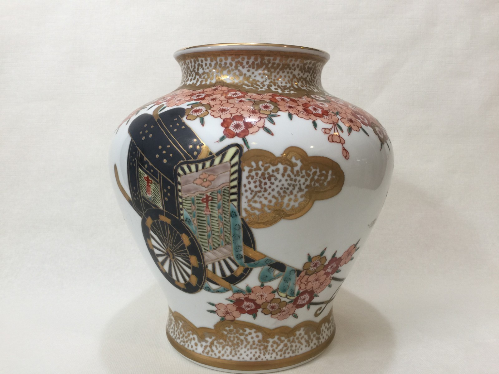Vintage Japanese Arita Pottery Handpainted Flower Vase, 10 1/2″ Tall x 10″ Wide