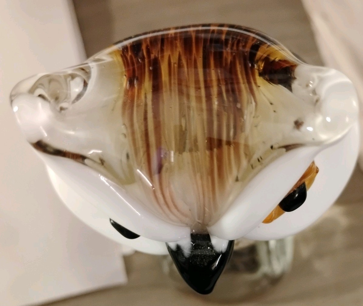Hand Blown Glass Owl. Amber & White . 8. 1/4″ X 4″. Murano Style.