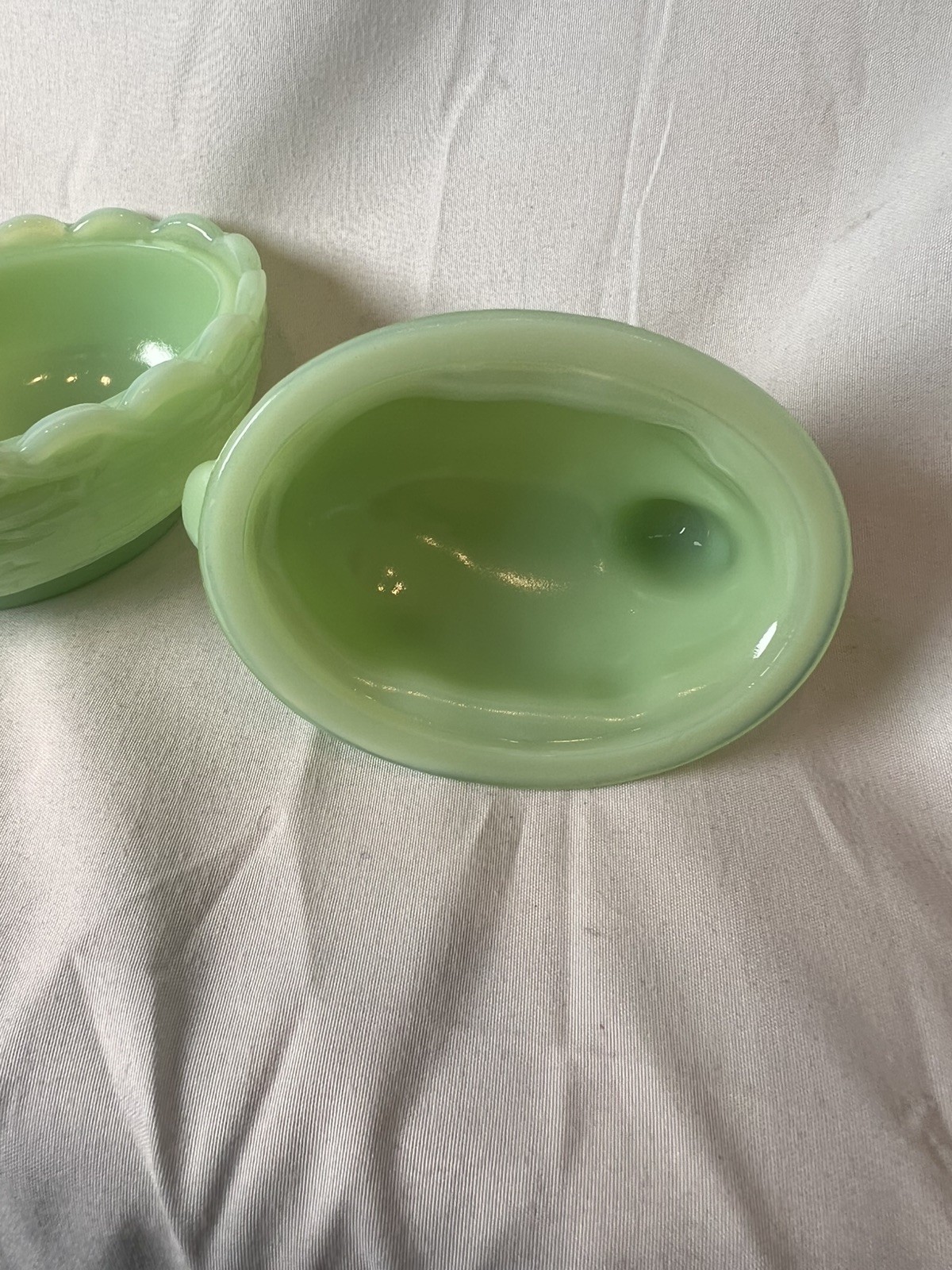 Mosser Jadeite Green Bunny Rabbit Covered Dish Nest Basket Easter Glass Trinket