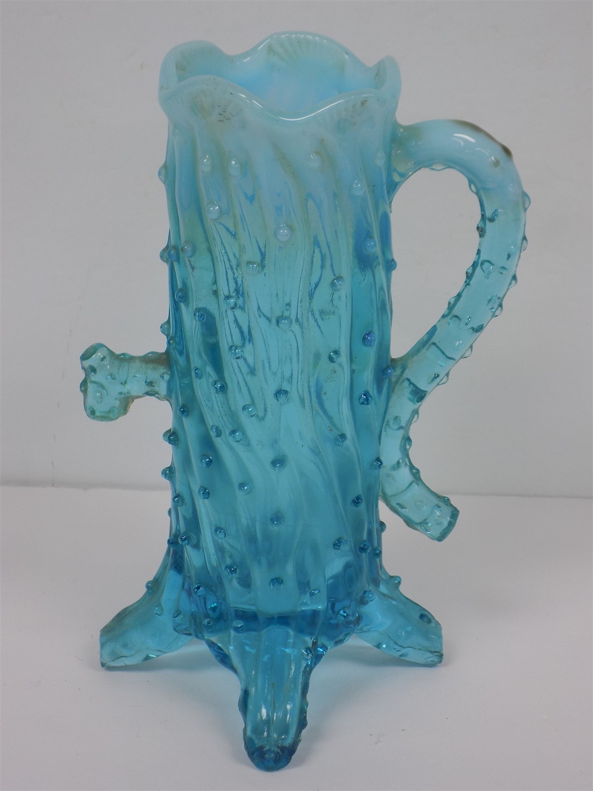 Vintage Northwood Pressed Opalescent Aqua Blue Glass Tree Stump Pump