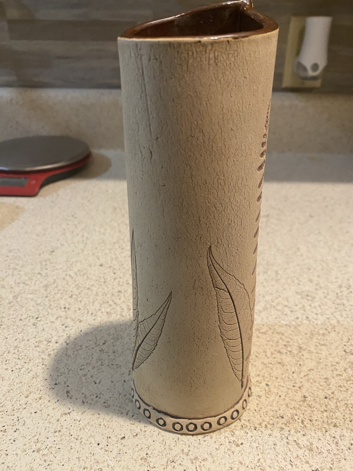 Impressed Botanical Fern Pottery Art Vase Artist Signed Tree Of Life Pottery