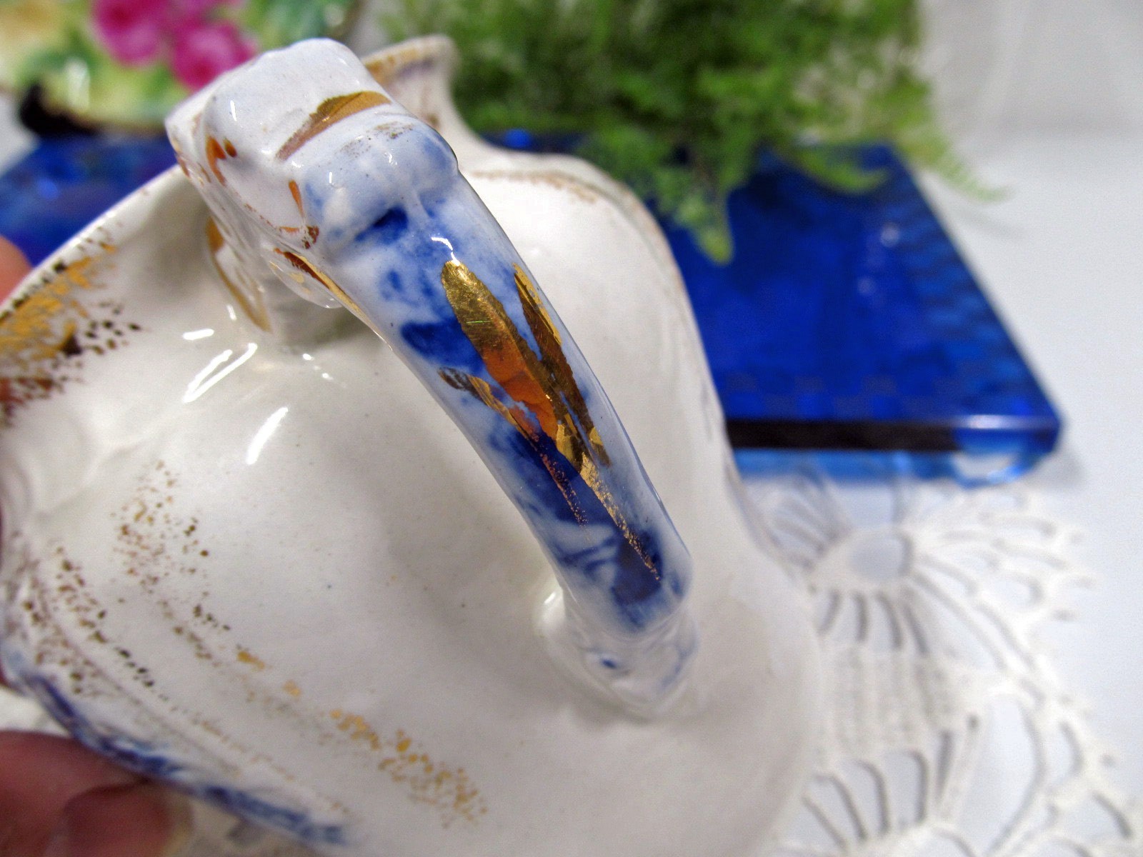 antique Shaving mug Flow Blue floral pattern embossed and raised pattern England