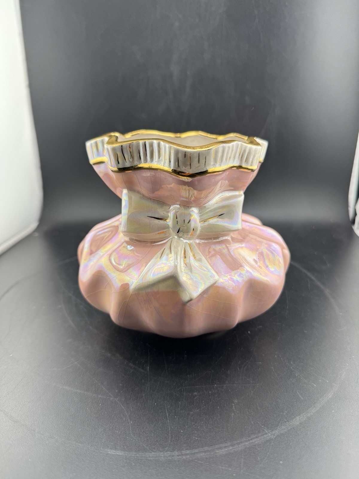 Vtg Holland Mold Style Vase Pink Ruffle Ceramic Hand Painted 1956 Signed
