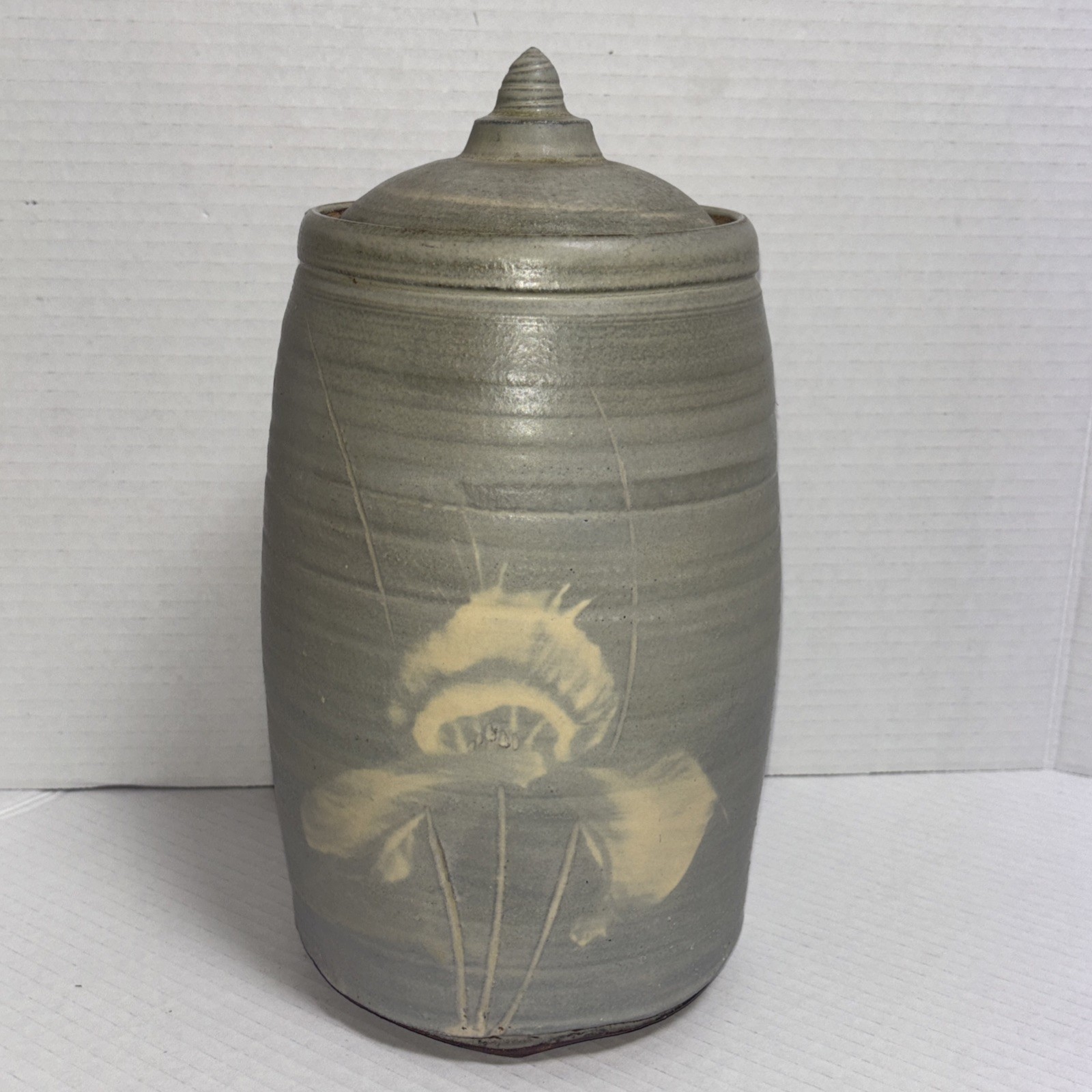 Vintage Hand Thrown Pottery Piece Stoneware Blue Glaze White Floral Design Large