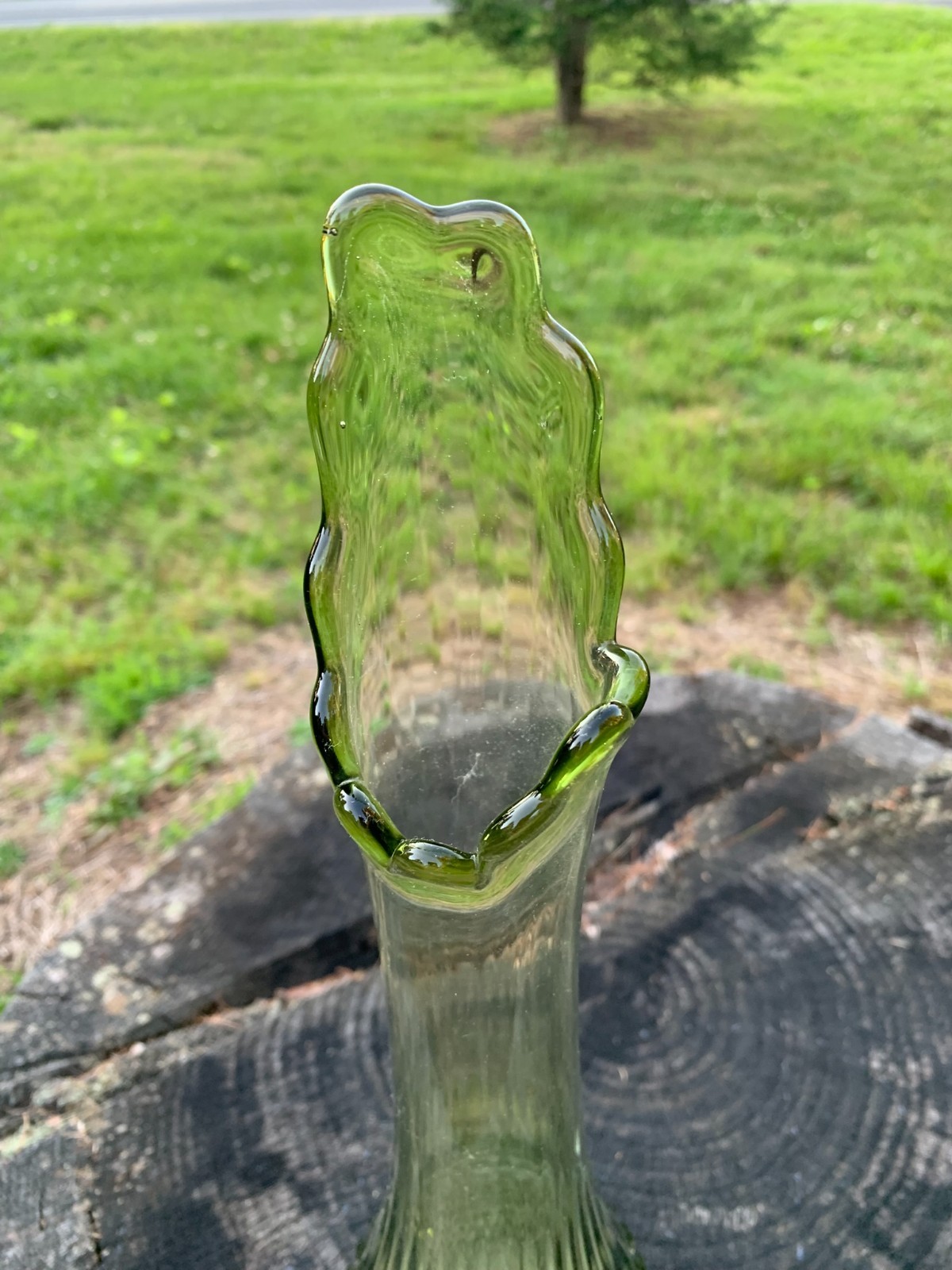 Fenton Colonial Green 22″ Swung Vase Glass MCM 1960’s Footed Hobnail Stretch VTG