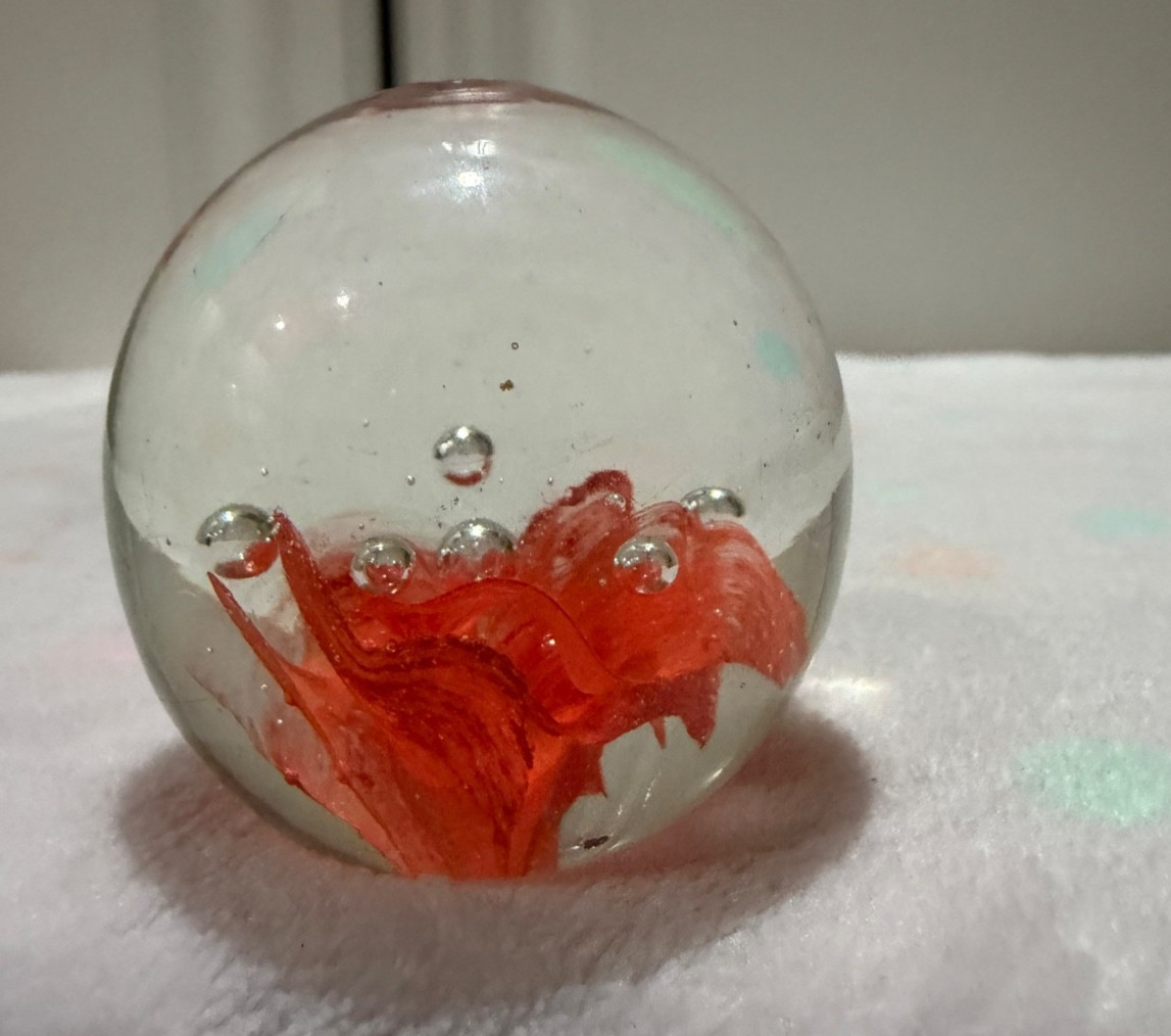 Vintage art glass paperweight Murano Style Orange Flower Encapsulated Sphere