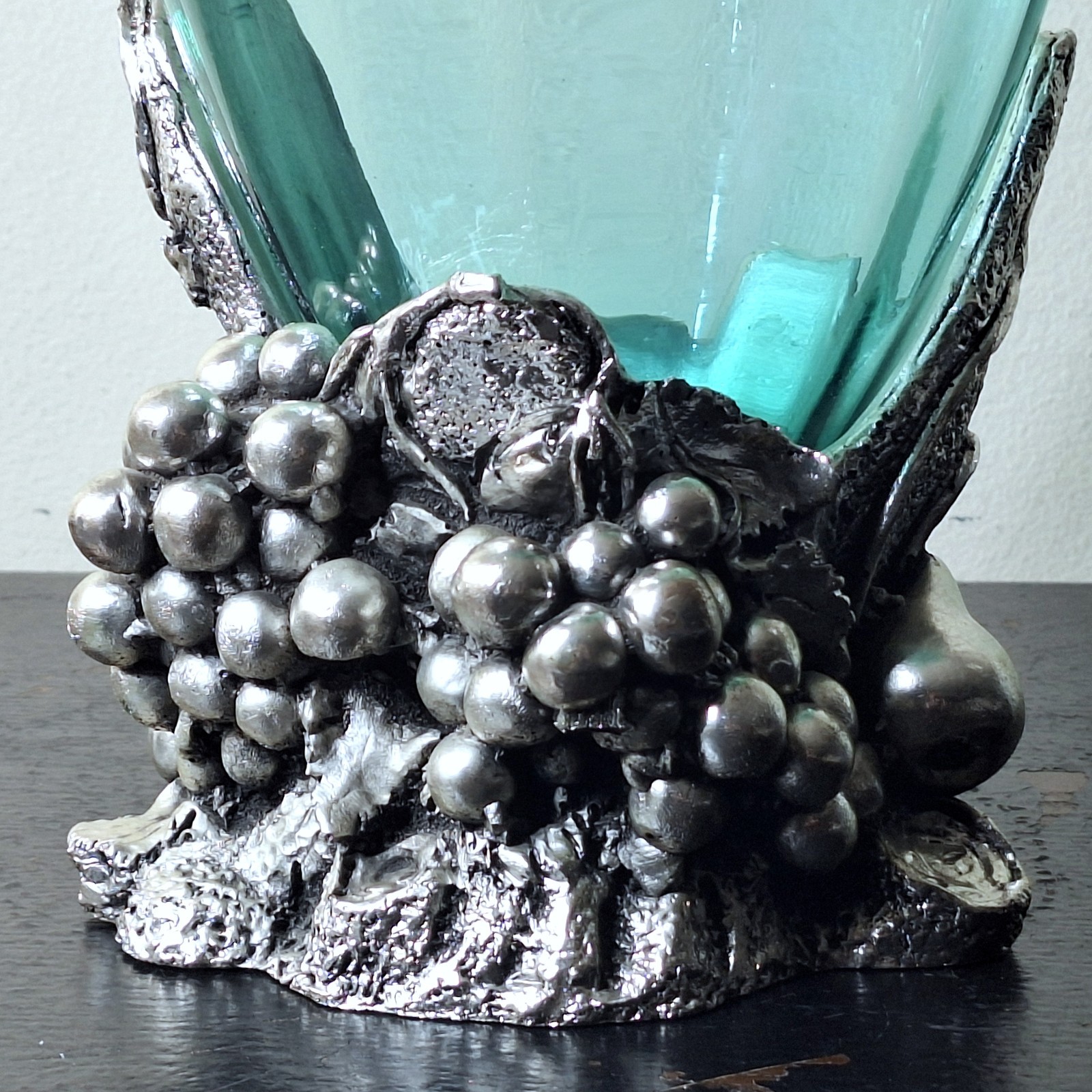Large Signed MURANO Vase Teal Blown Glass w Sterling Silver Finished Base- Italy