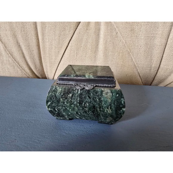 Vintage Green Serpentine Stone Jewelry Box – Marble Trinket Casket w/ Metal Lid