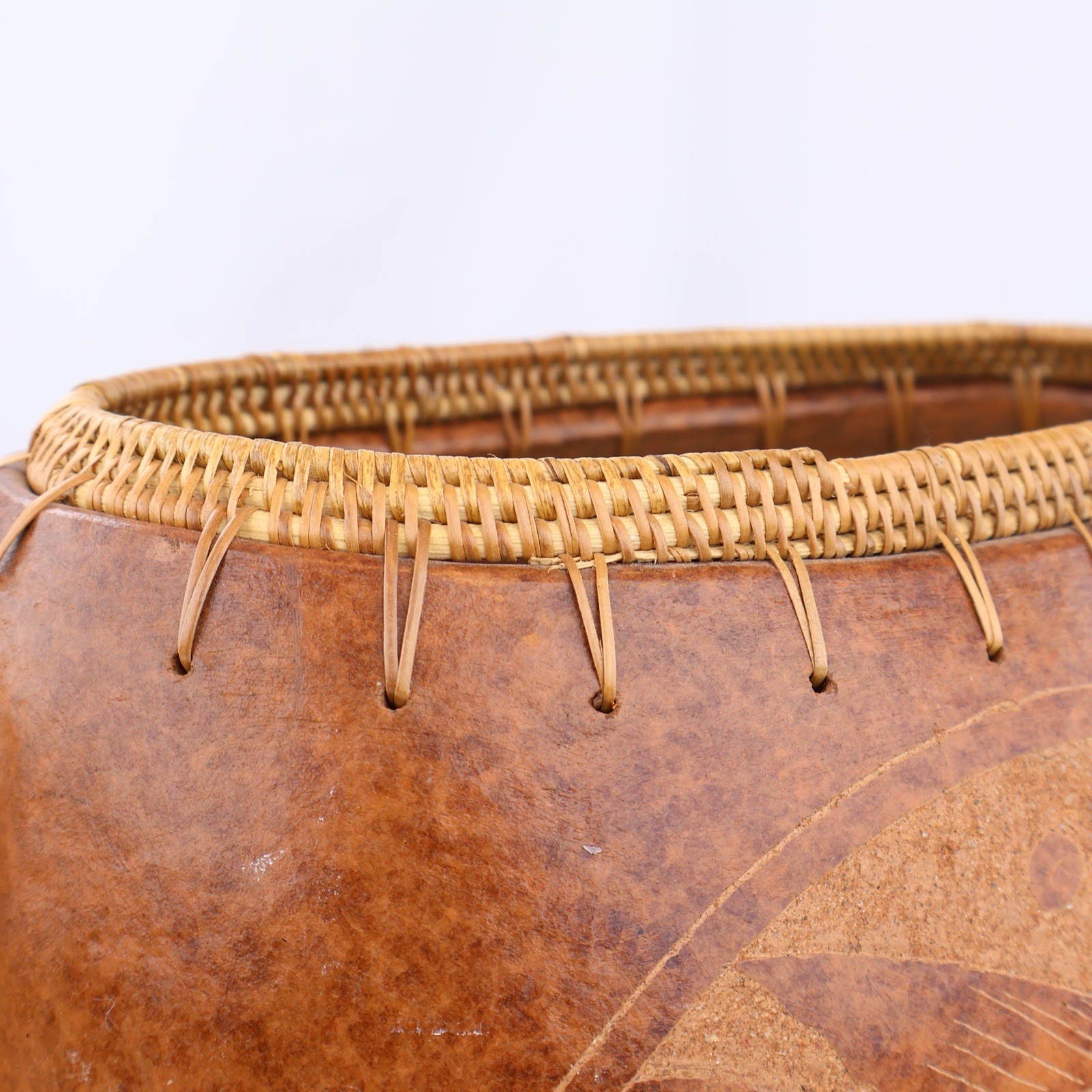 Vintage Indonesian Sasak Pottery Vase Large Lombok Art Clay Fish Detail Rattan