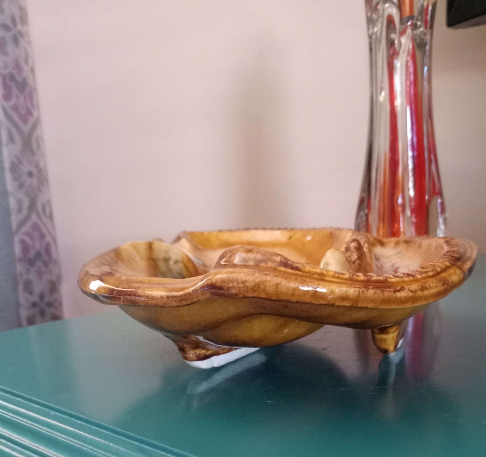 Vintage MCM California Pottery Atomic Ashtray Red Gold Drip Glaze Mid Century