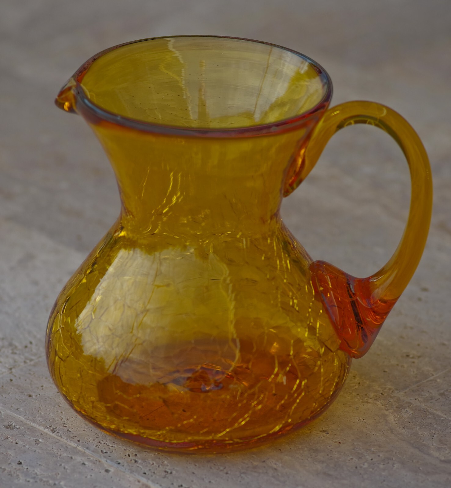 VINTAGE Blenko Crackle Glass Mini Pitcher 4 1/2″H Amber 1960’s Made in USA