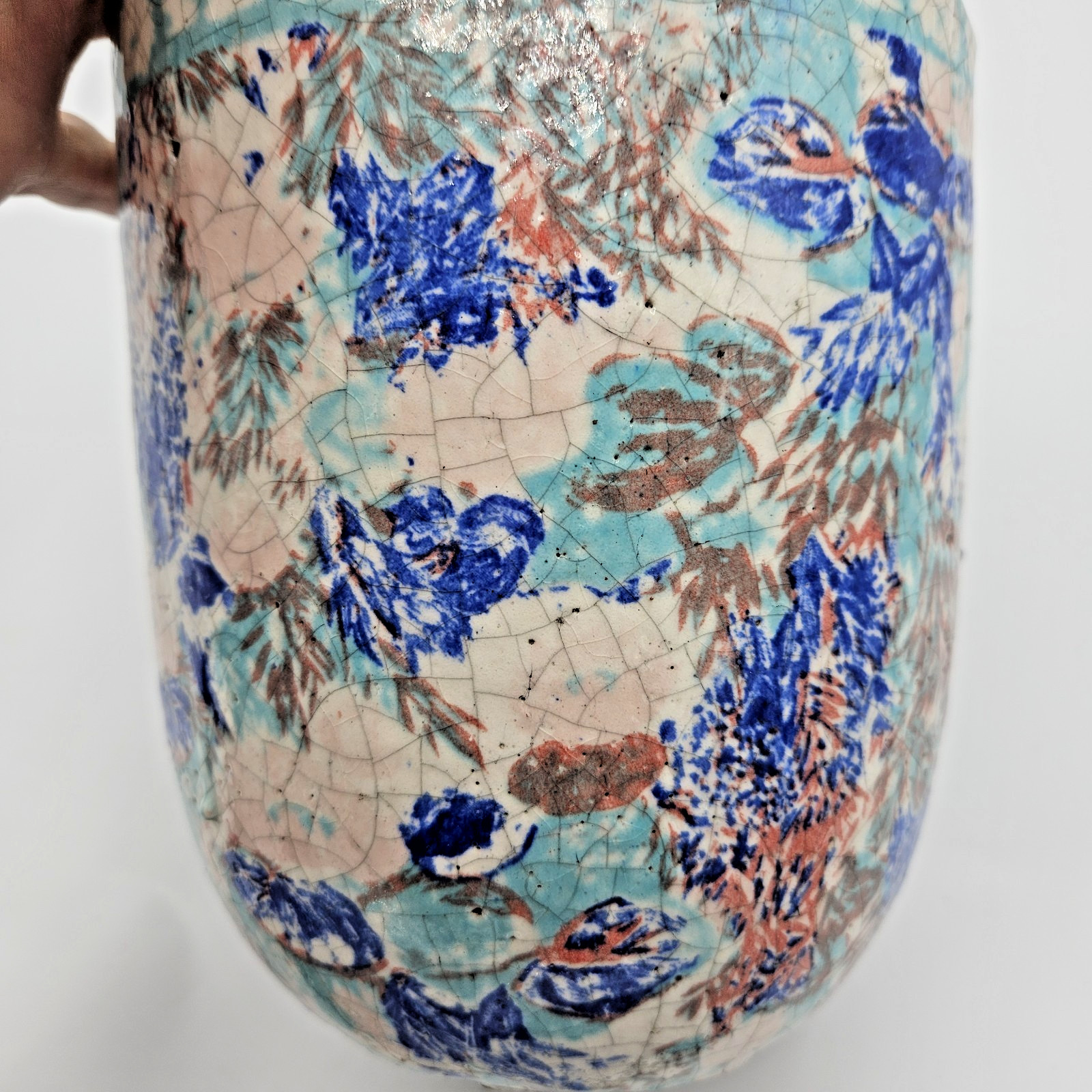Anthropologie Blue Pink White Crackle Splatter Sponge Scallop Stoneware Planter