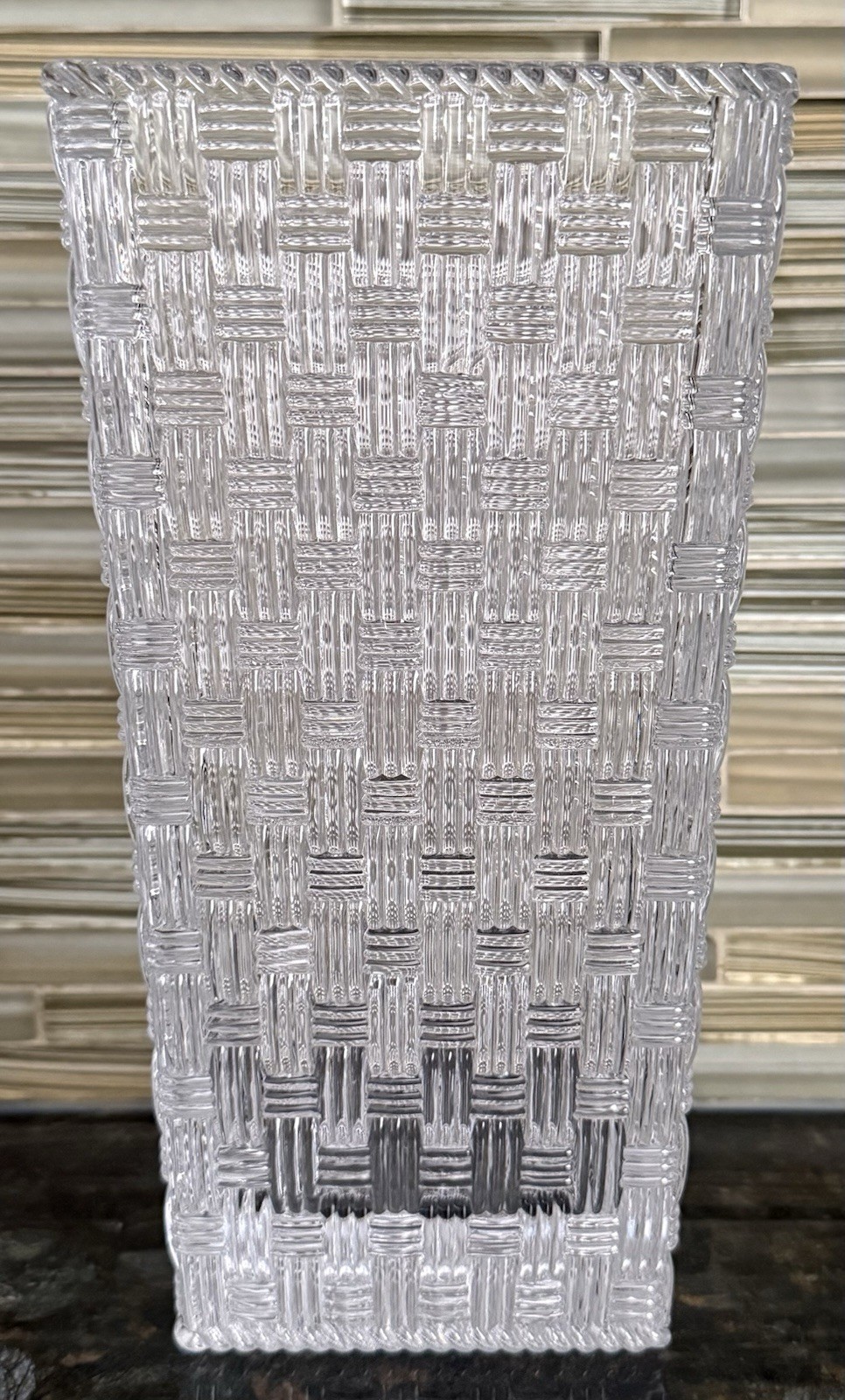 TIFFANY & CO Square Basket Weave 10” Crystal Vase, Made In Germany