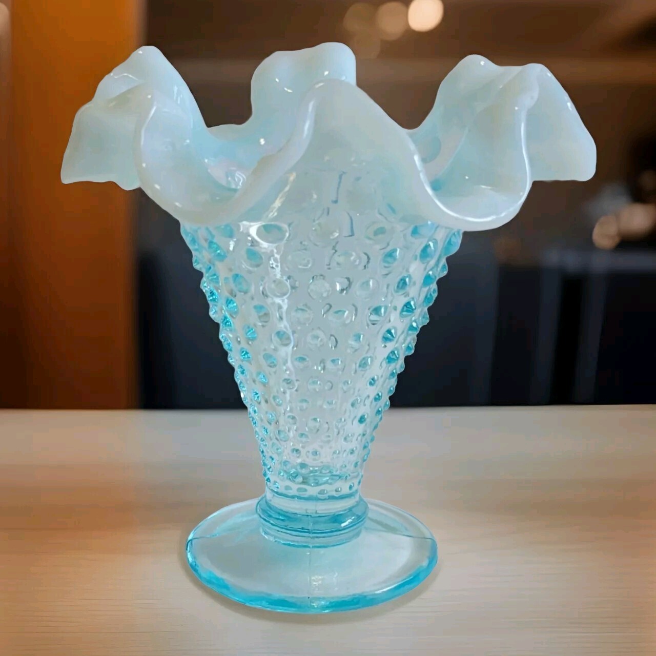 Fenton Opalescent Aqua Blue Hobnail Ruffled 3-3/4″ Vase Excellent Condition
