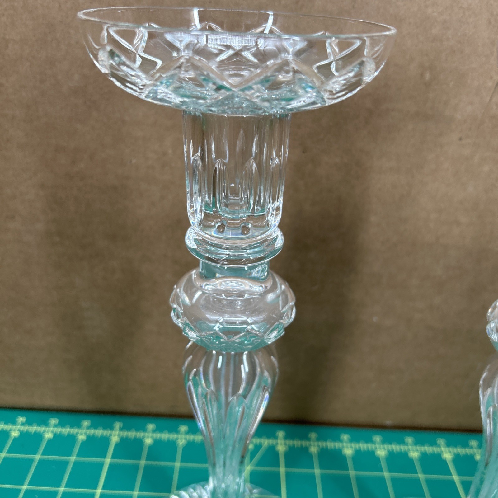 Design Guild Pair Of Cut Crystal 12″ Candlestick Formal Holders Etched Signature