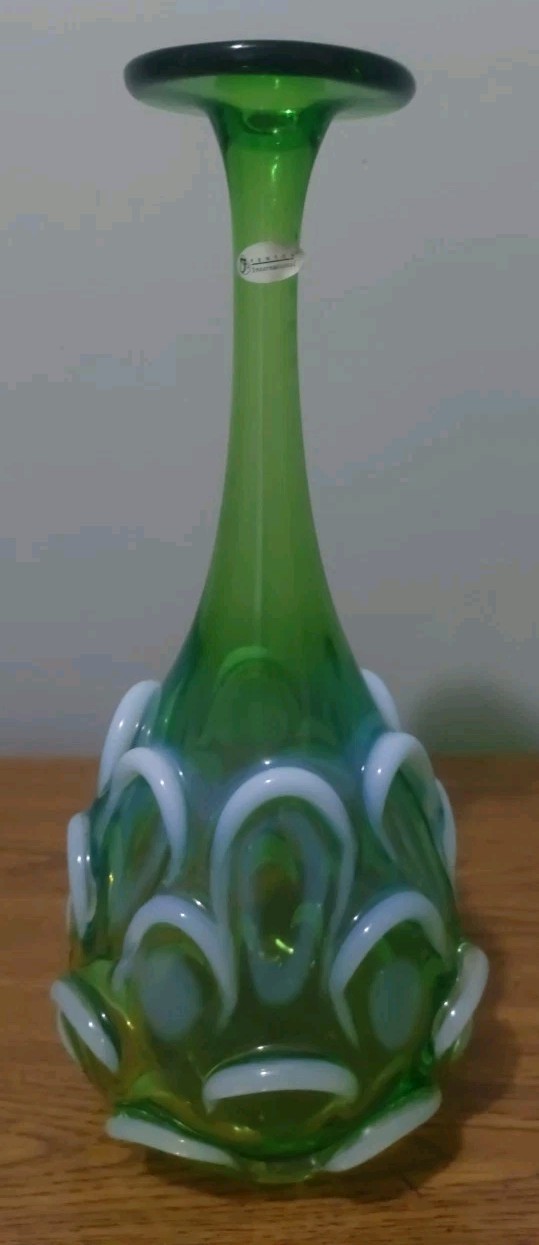 Fenton International Optics Green Opalescent Bottle, 12 1/2” MINT