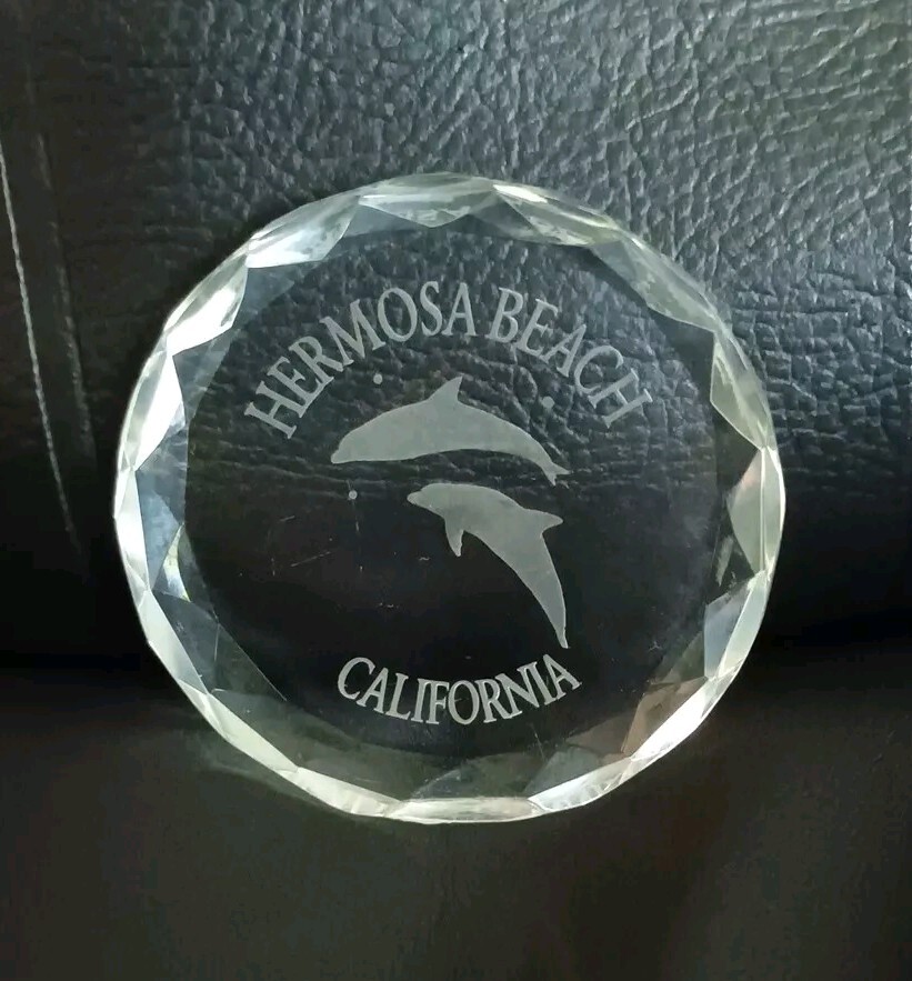 Crystal Glass Paperweight Hermosa Beach California Dolphins 2 1/4″ In Diameter
