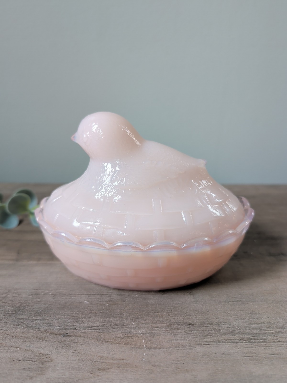 Vintage Fenton Unique Pink Chick On Nest Glass Dish With Lid Milk Glass