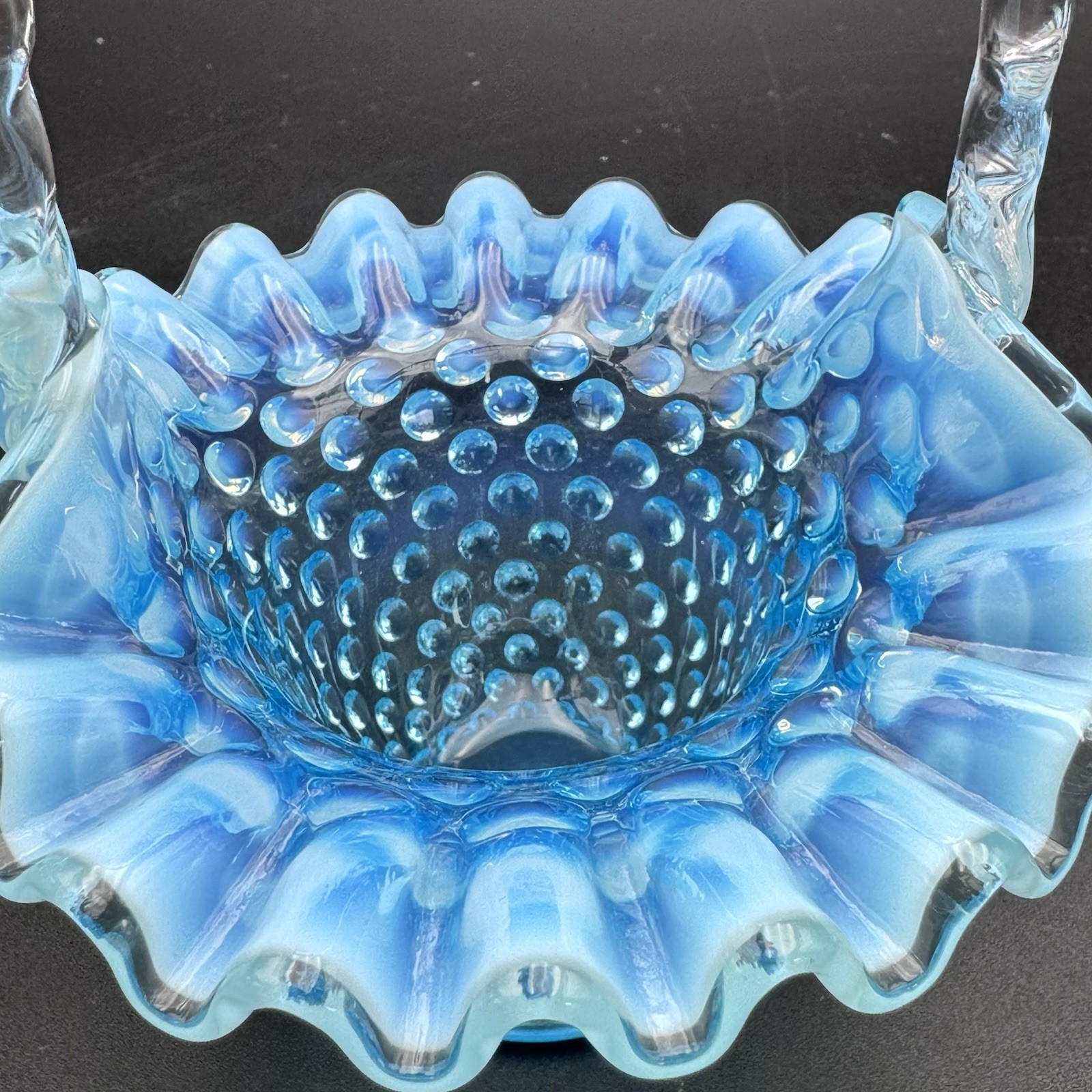 Fenton Blue Opalescent Hobnail Basket UV+ 6″ Ruffled Art Glass VTG CottageCore