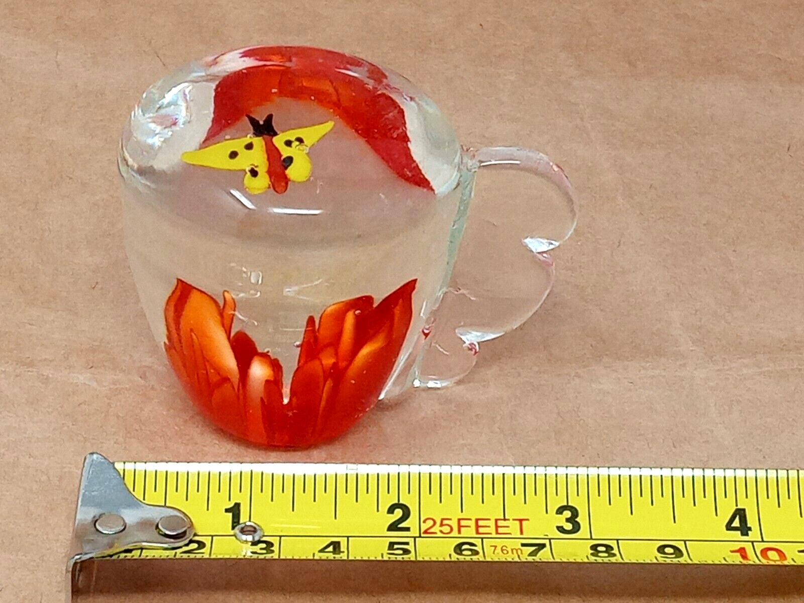 Butterfly & Orange Tuplips flowers Clear Glass Paperweight made in China