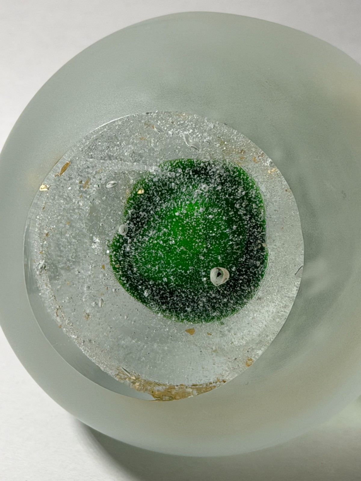 Hand Blown Art Glass Sculpture Frosted Teardrop Green Flame Gold Leaf 6″ Heavy