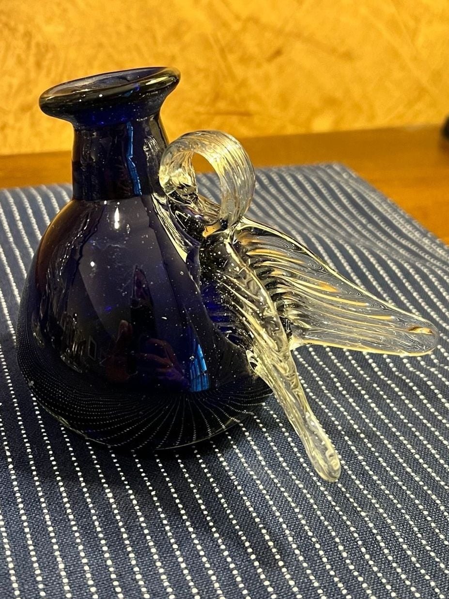 Hand Blown Cobalt Blue Glass Hummingbird Bud Vase with Clear Wing Details