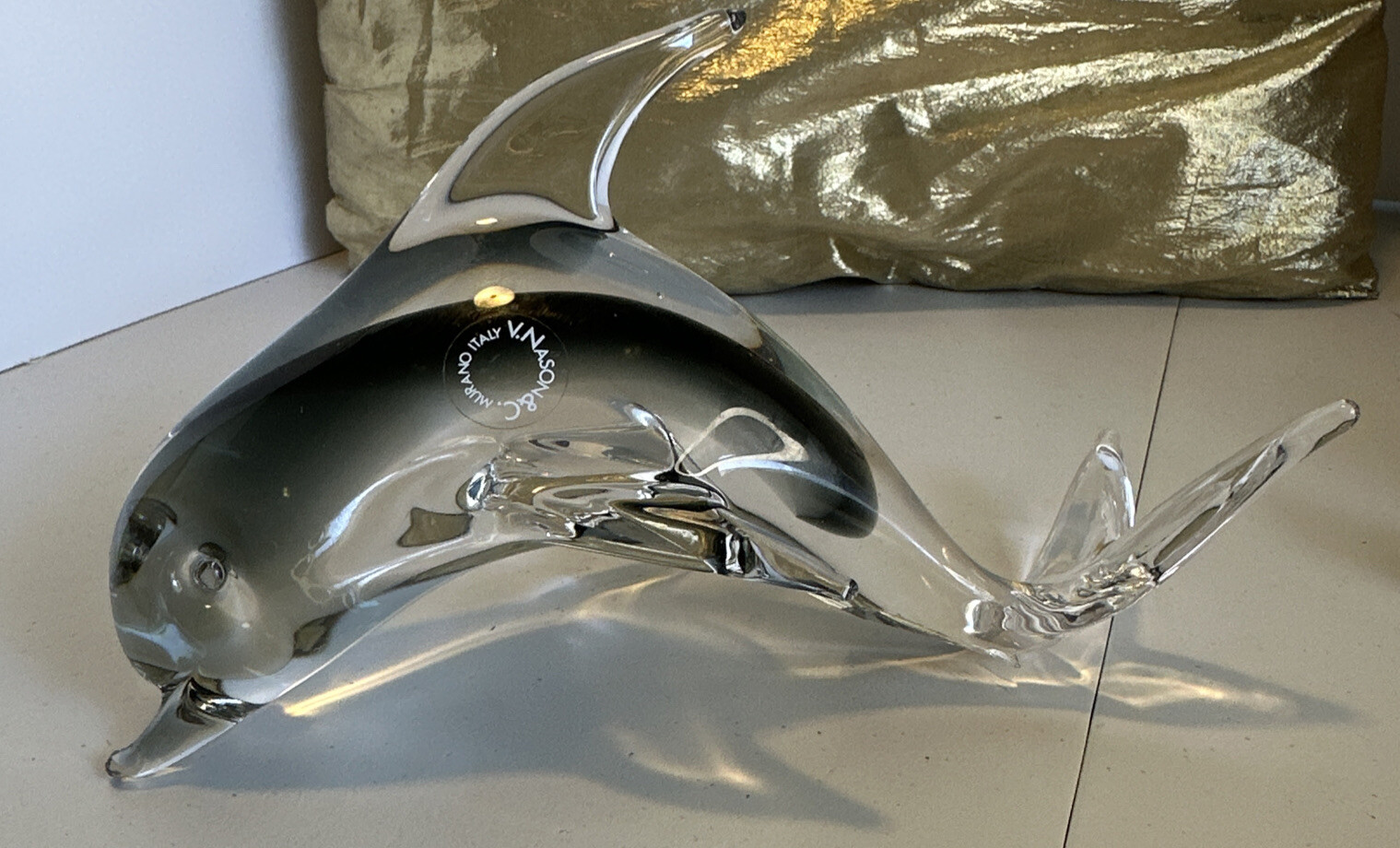 V Nason & Co Smokey Gray Crystal Murano Art Glass Dolphin W/ Sticker 8”Lx4.5”T