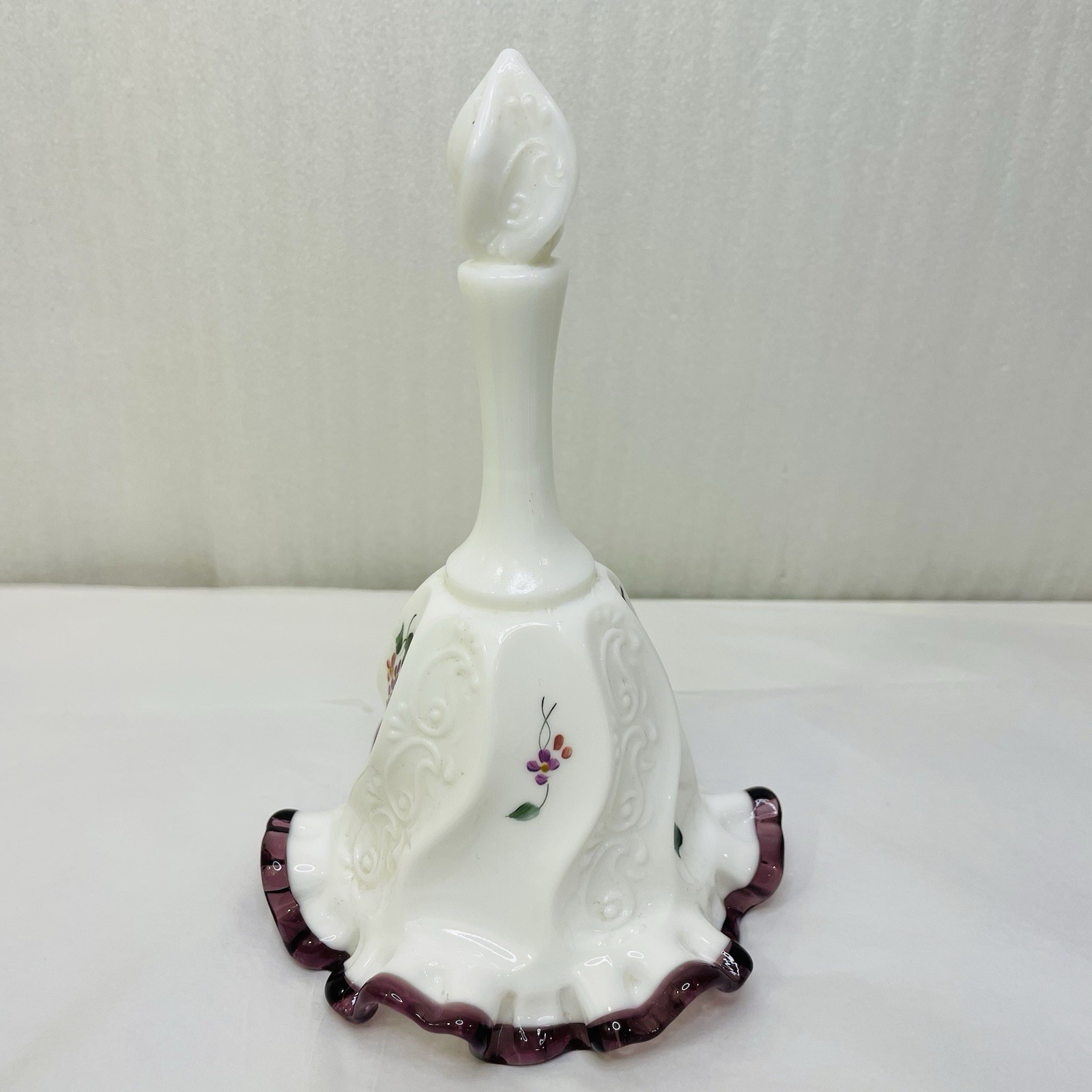 Vintage Fenton Violets Purple Crest Ruffled Bell Artist Signed 6.75″ Tall