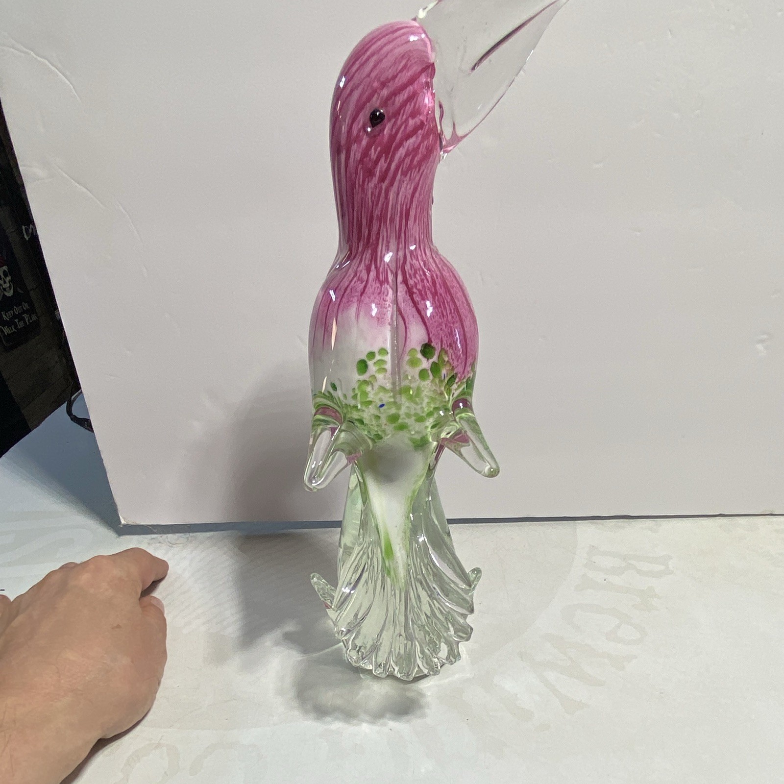Art Glass Bird Figurine Pink White Green Clear Glossy Decorative