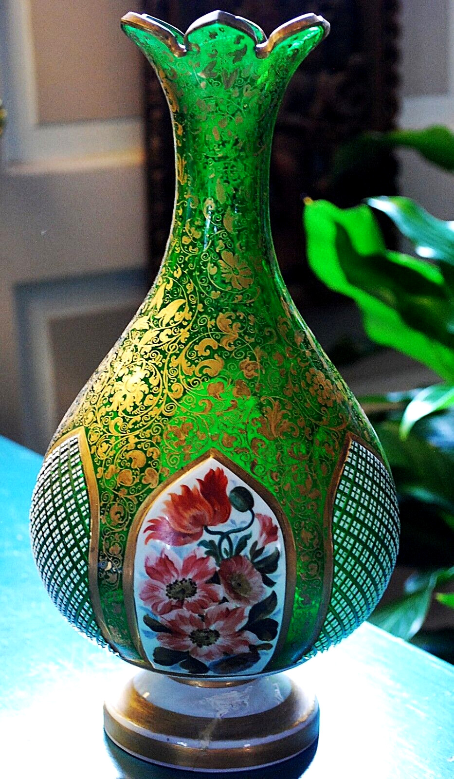 Antique Victorian GREEN GLASS CASED FLORAL ENAMEL PANEL VASE W GOLD GILT Repair