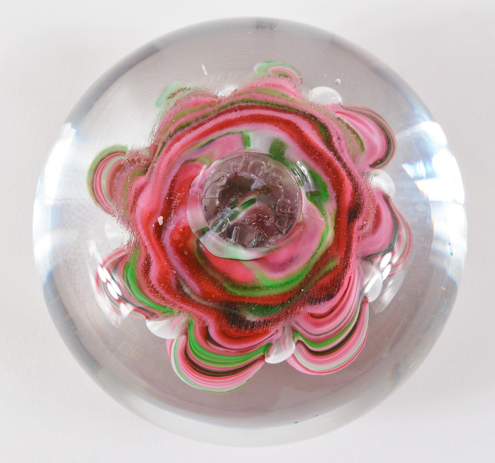 Vtg Joe St Clair Large Ribbon Crimp Glass Paperweight Pink Green Swirl Bubbles