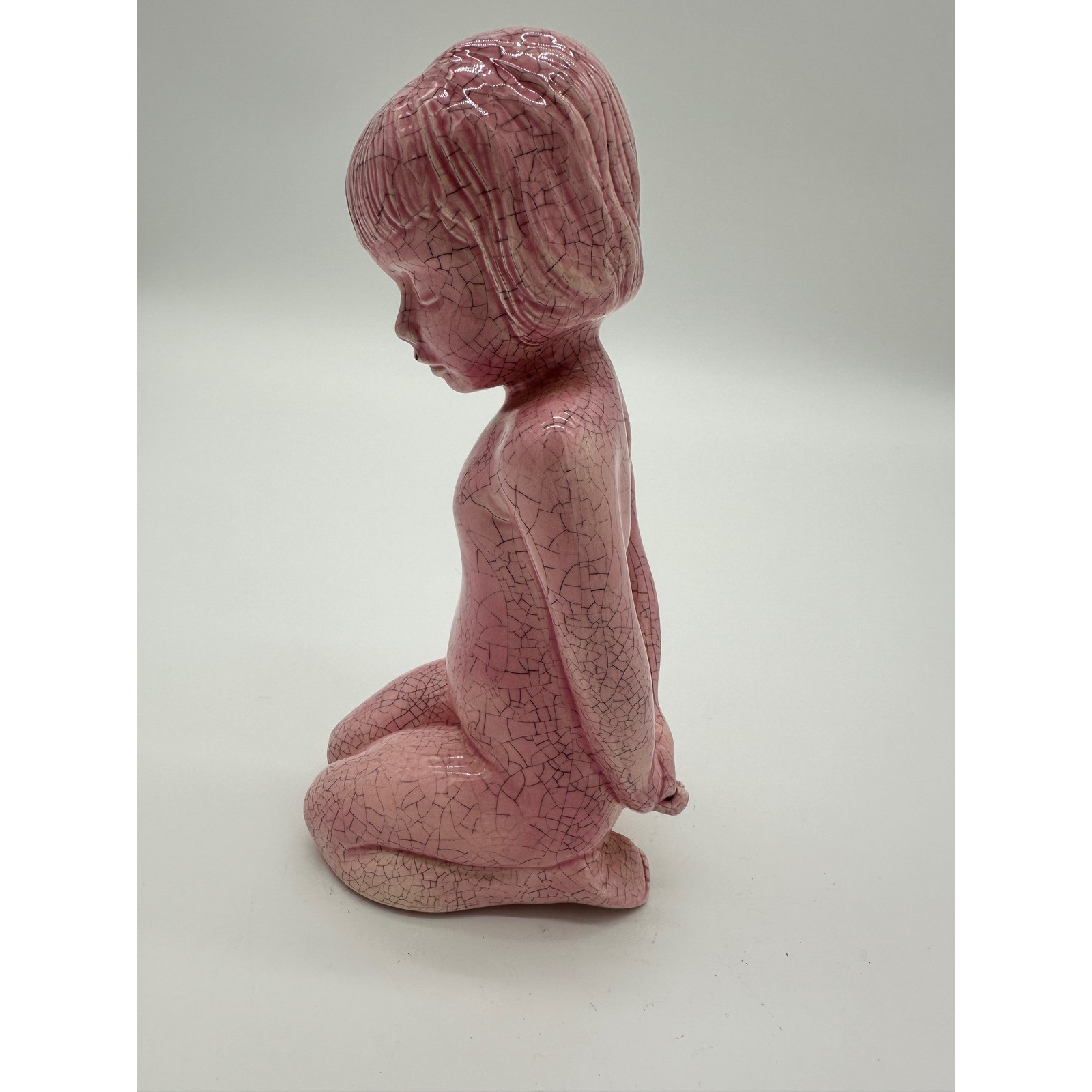 Art Deco Vintage Figurine 1966 Kneeling Girl Pink Crackle Glaze MCM 8 in