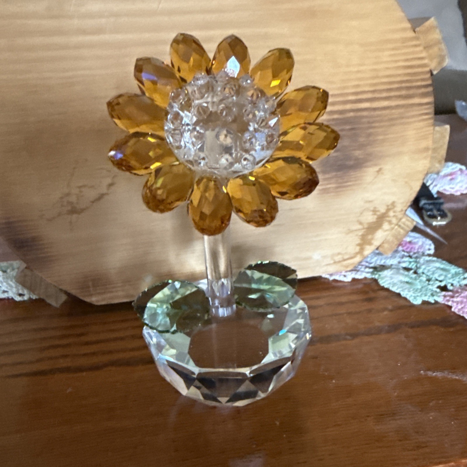 Vibrant Orange And Green Glass Crystal Sunflower Figurine With Clear Vase