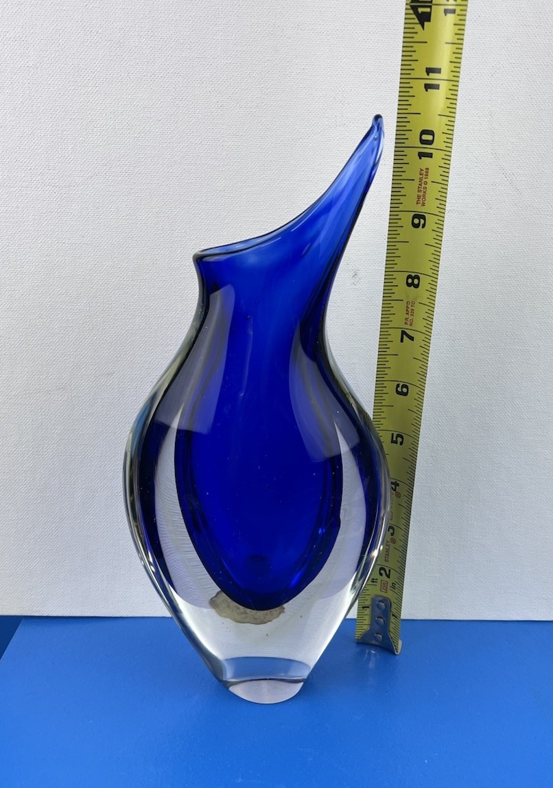 Murano MCM Glass Blue Clear Teardrop Vase 10.5”