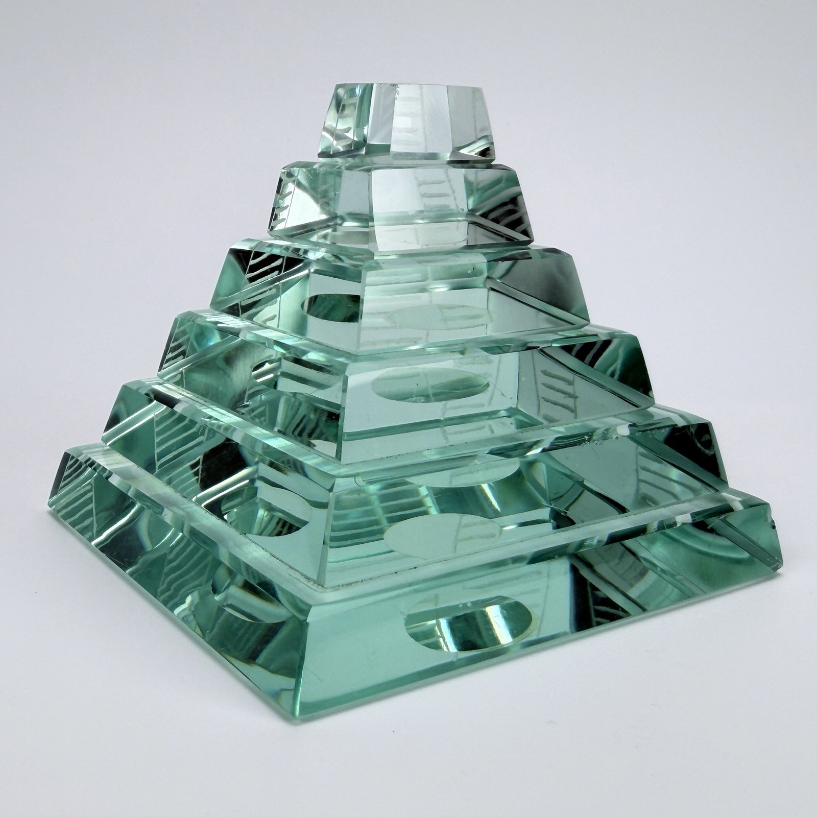 Aztec Mayan Glass Paper Weight 3 1/2” X 3” 20oz Pyramid Clear Green Glass