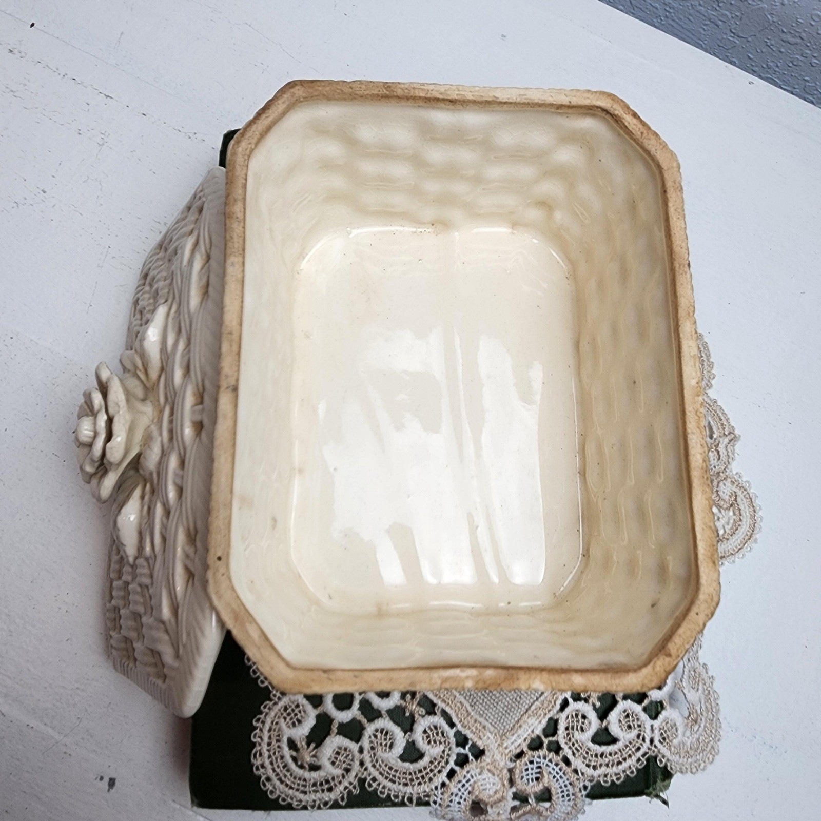 Vintage Basket Weave Porcelain Box with Rosette Lid, Cream Crackling
