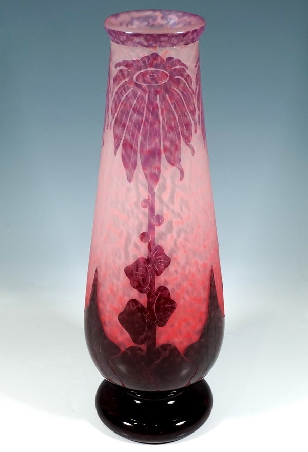 CHARLES SCHNEIDER Art Deco Cameo Glass Vase Dahlias 48.5 CM H