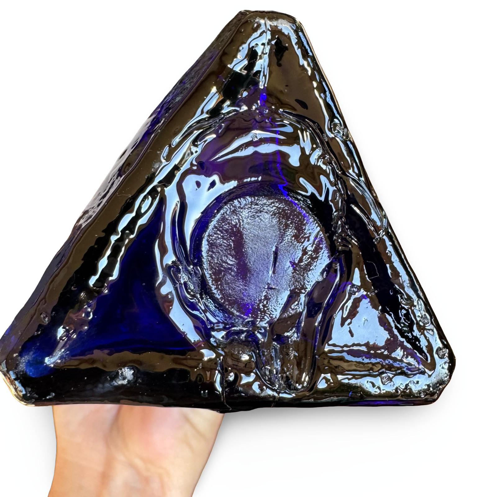 Vintage Cobalt Blue Triangular Glass Bottle Vase 9.5″ Geometric Decor